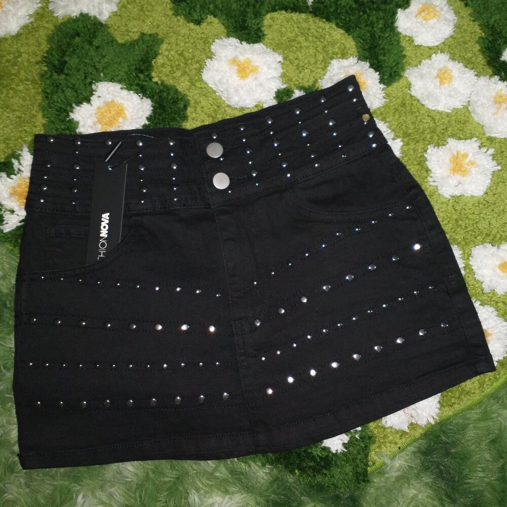 Flat Stud Mini Skirt, Black Denim